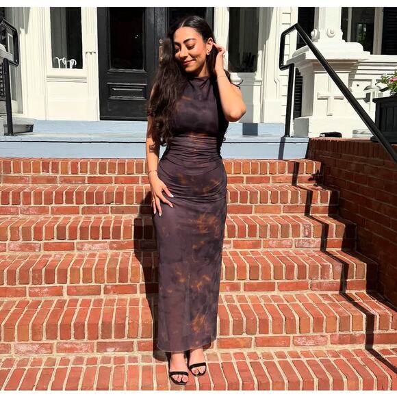 ZARA Fitted High Collar Draped Midi Dress NWT | Brown Bodycon - Picture 9 of 16